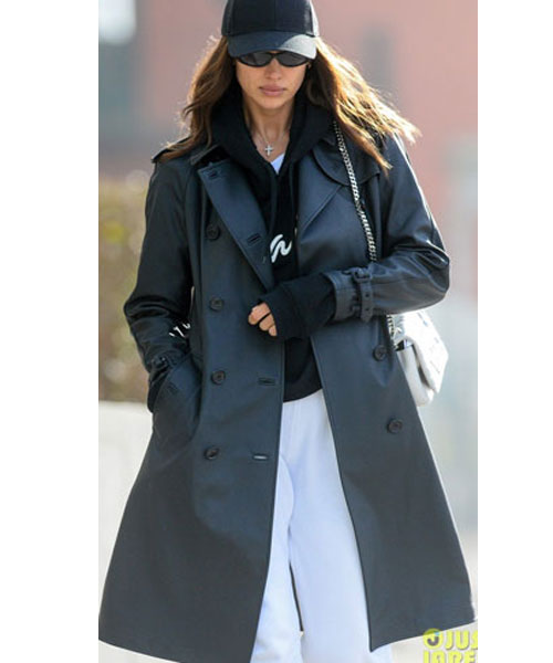 Irina Shayk Black Leather Trench Coat