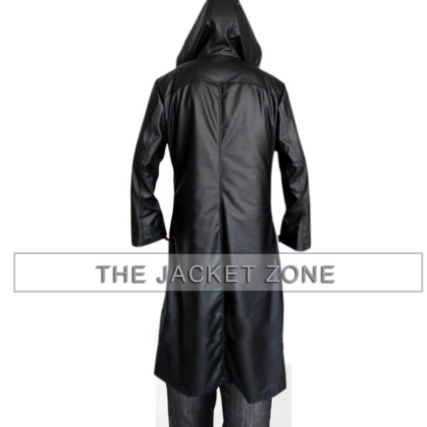 Enigma Hooded Black Leather Trench Coat