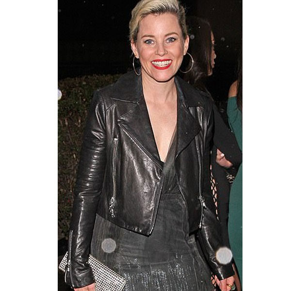 Elizabeth Banks cuts a cool figure in black leather Jacket