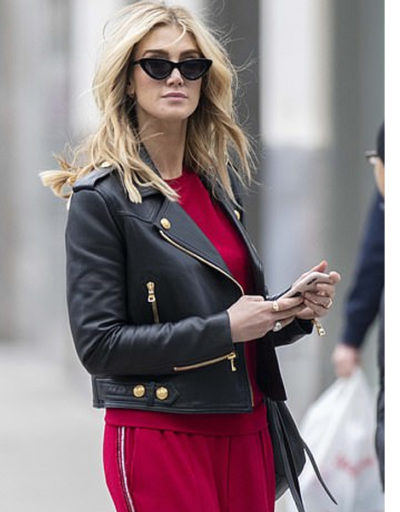 Delta Goodrem black leather biker jacket