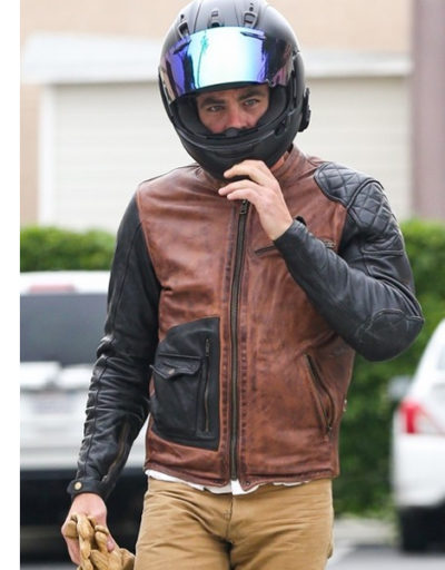 Chris Pine While Test Driving Motorcycle Leather Jacket