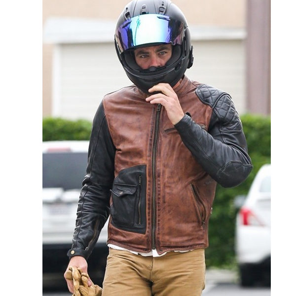Chris Pine While Test Driving Motorcycle Leather Jacket