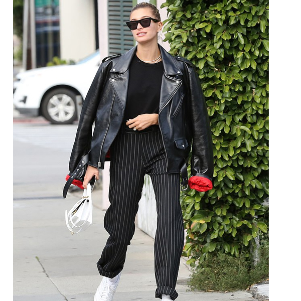 Hailey Baldwin Pinstripe Slacks Black Leather Jacket