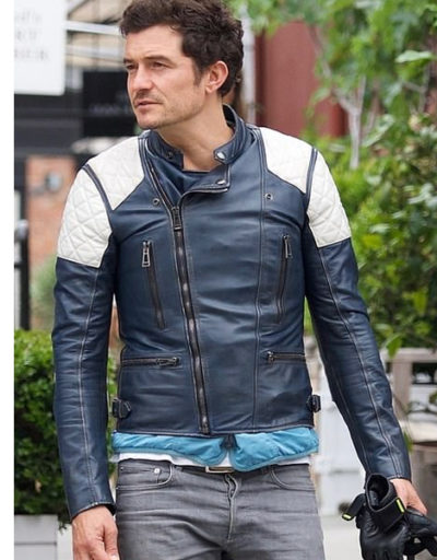 Orlando Bloom motorbike Petrol Blue leather jacket