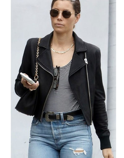 Jessica Biel Cropped Black Leather Jacket