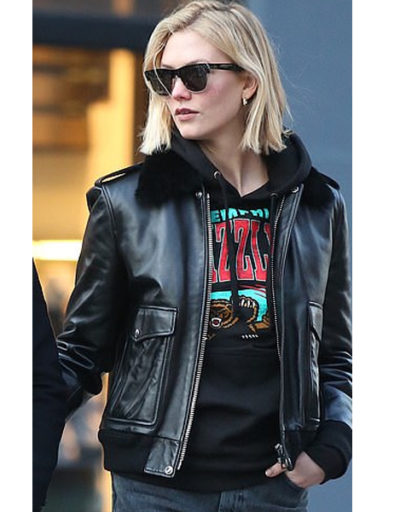 Karlie Kloss Rocks black leather jacket