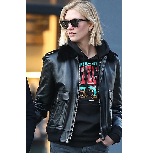 Karlie Kloss Rocks black leather jacket
