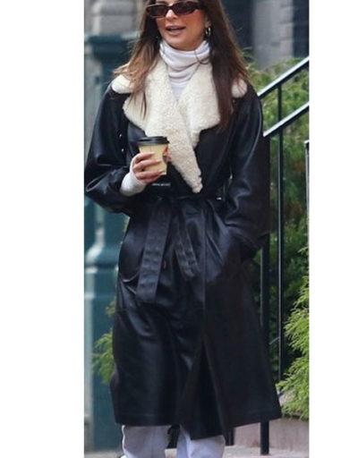 Emily Ratajkowski Sheepskin Long Trench Coat