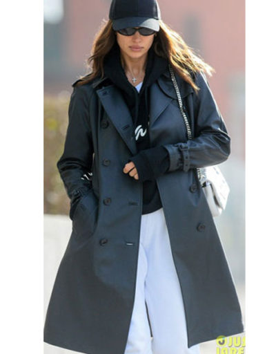 Irina Shayk Black Leather Trench Coat