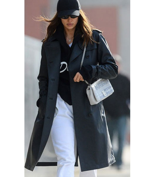 Irina Shayk Black Leather Trench Coat - Image 2