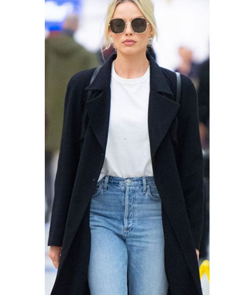 Margot Robbie JFK Airport Black Wool Coat