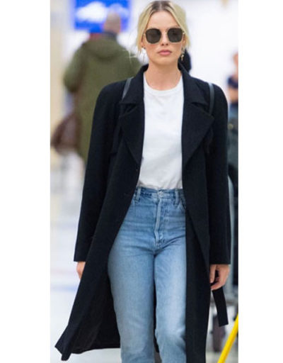Margot Robbie JFK Airport Black Wool Coat