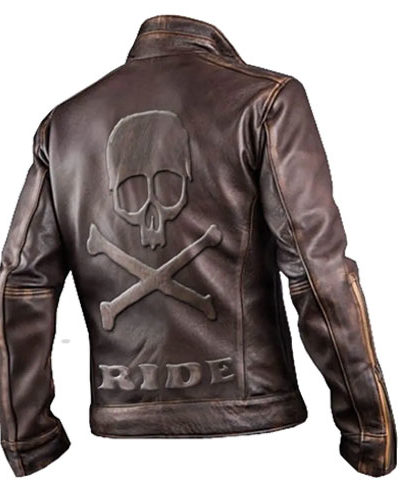 Cafe Racer Embossed Skull and Bones Leather Jacket