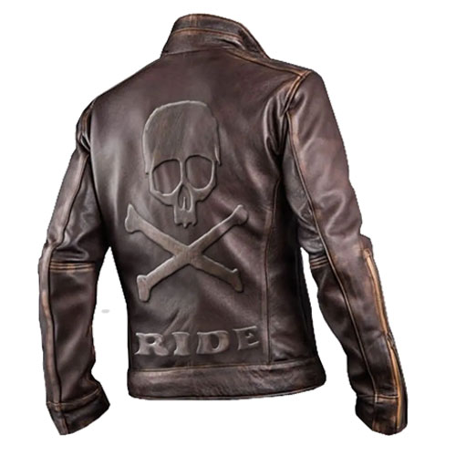 Cafe Racer Embossed Skull and Bones Leather Jacket