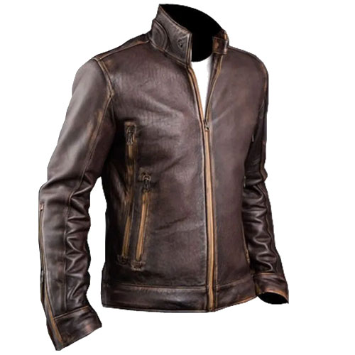 Cafe Racer Embossed Skull and Bones Leather Jacket