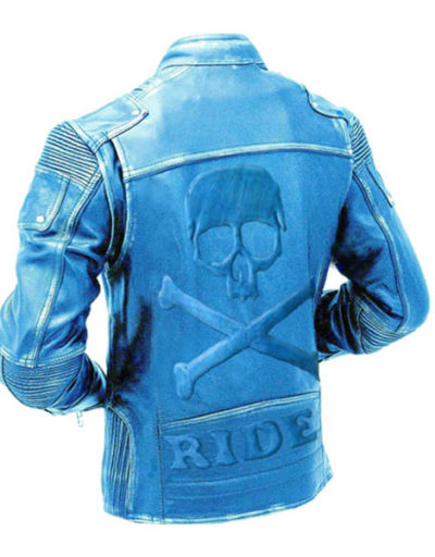 Vintage Blue Embossed Skull Leather Jacket