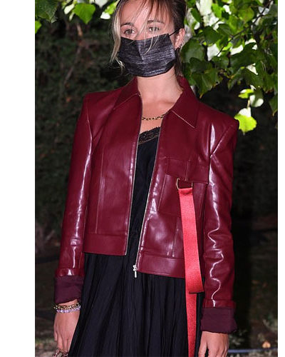 Amelia Windsor London Fashion Week burgundy leather jacket