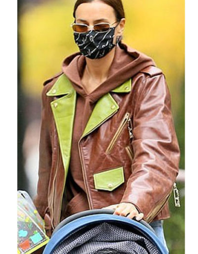 Brown lime Green lapels Leather Motorcycle Jacket