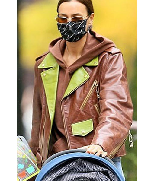 Brown lime Green lapels Leather Motorcycle Jacket