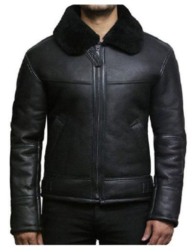 Aviator B3 Real Shearling Sheepskin Black Leather Jacket