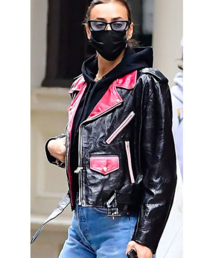 Irina Shayk rock star edge red and black leather jacket