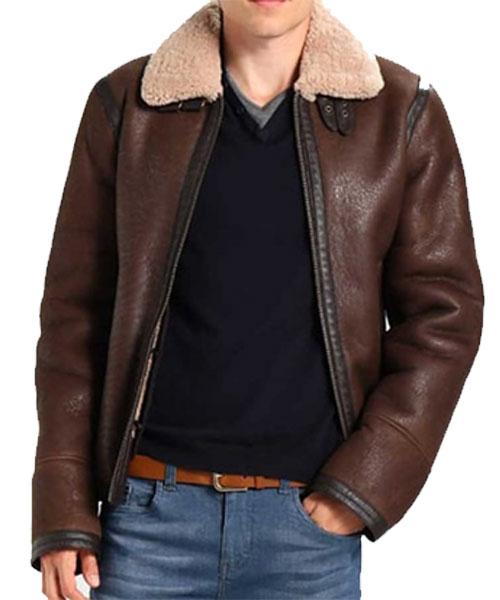 Dark Brown Aviator Style Shearling Leather Jacket