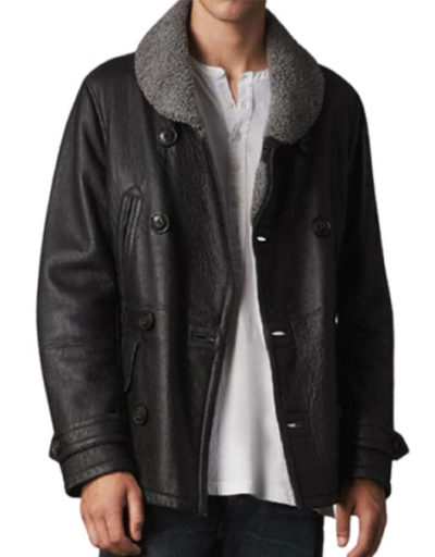 Black Double Breasted Leather Peacoat