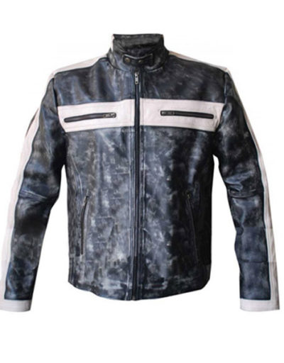 Cafe Racer Vintage White Stripe Distressed Grey Leather Jacket