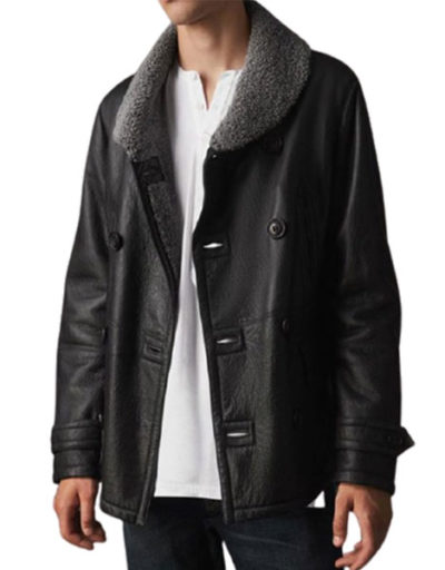 Double Breasted Black Leather Peacoat