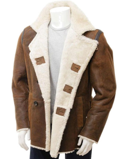 Mens Brown Tan Sheepskin Leather Peacoat