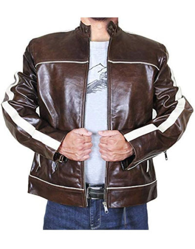 Vintage Copper White Stripes Classic Biker Brown Leather Jacket