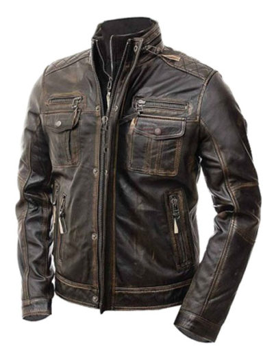 Vintage Moto Cafe Racer Retro Biker Wax Distressed Brown Leather Jacket