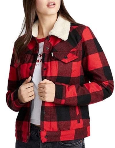 Money Heist Ursula Corbero Plaid Red Shearling Jacket