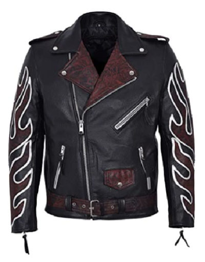 Brando Black OXRED Flame Biker Leather Jacket