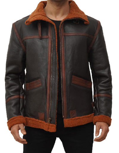Mitchel Dark Brown Sherpa Bomber Leather Jacket