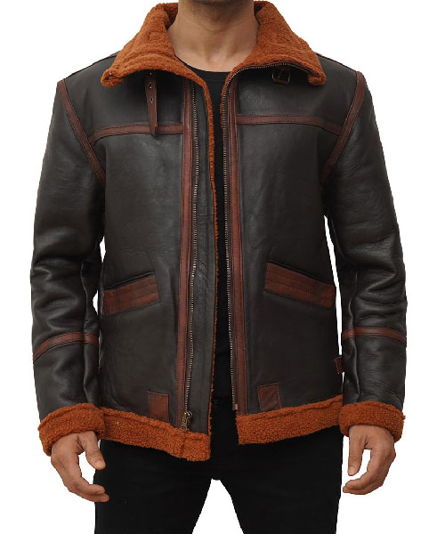 Mitchel Dark Brown Sherpa Bomber Leather Jacket