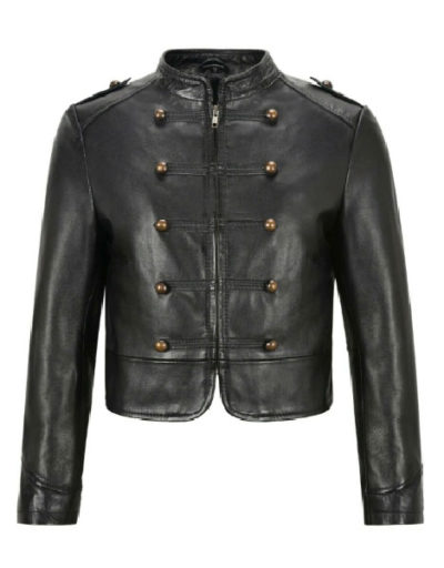 Womans Military Black Short Zip Trough Decorative Buttons Jacket