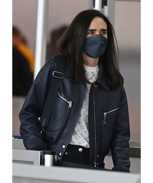 Jennifer Connelly JFK Airport Black Leather Jacket