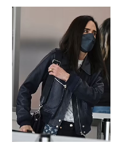 Jennifer Connelly cuts casual figure in black leather jacket while waiting  in line at JFK airport