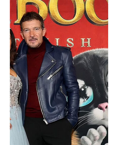 Salma Hayek Blue Leather Jacket