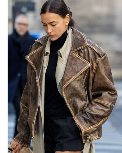 Irina Shayk Paris Distressed Leather Jacket