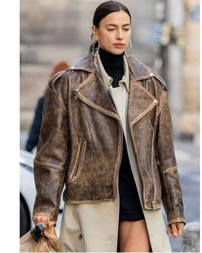 Irina Shayk Paris a Distressed Leather Jacket