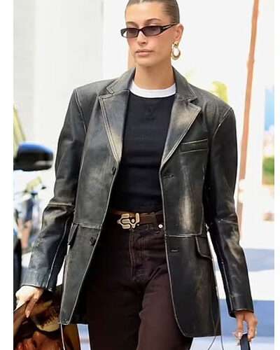 Hailey Bieber Distressed Black Beverly Hills Leather Jacket