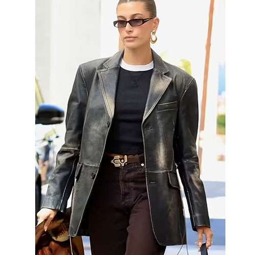 Hailey Bieber Distressed Black Beverly Hills Leather Jacket