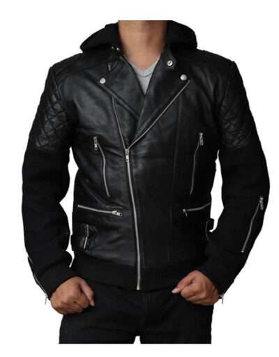 Chris Brown Black Leather Motorcycle Jacket with Hood