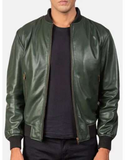 Casual Bomber Green Leather Jacket