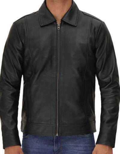 Reeves Black Shirt Collar Vintage Black Leather Jacket