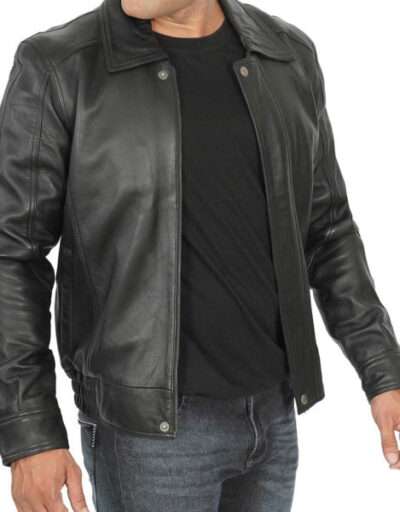 Black Vintage Leather Jacket Shirt Collar