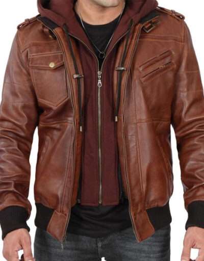 Brown Hood Removable Leather Jacket