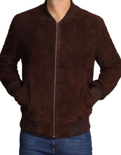 Dark Brown Suede Leather Bomber Jacket